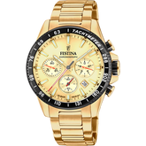 Relógio festina timeless chronograph f20634/6 champagne pulseira de aço inoxidável 316l, masculino