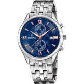 Relógio festina timeless chronograph f6854/6 azul com correia de aço, masculino