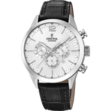 Relógio Festina Timeless Chronograph F20542/1 prateado com bracelete de couro, masculino.