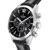 Relógio festina timeless chronograph f20542/5 preto com correia de couro, masculino
