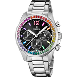 Relógio festina rainbow f20606/3 preto com pulseira de aço, mulher