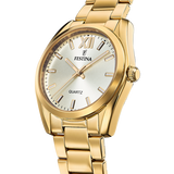 Relógio festina f20640/1 champagne pulseira de aço inoxidável 316l, mulher