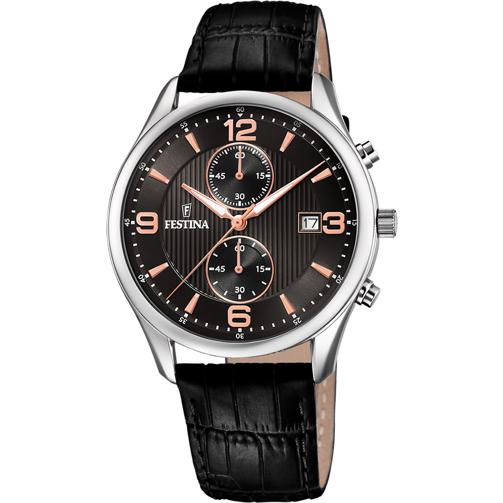 Relógio festina timeless chronograph f6855/7 preto com correia de couro, masculino._PRODUCT